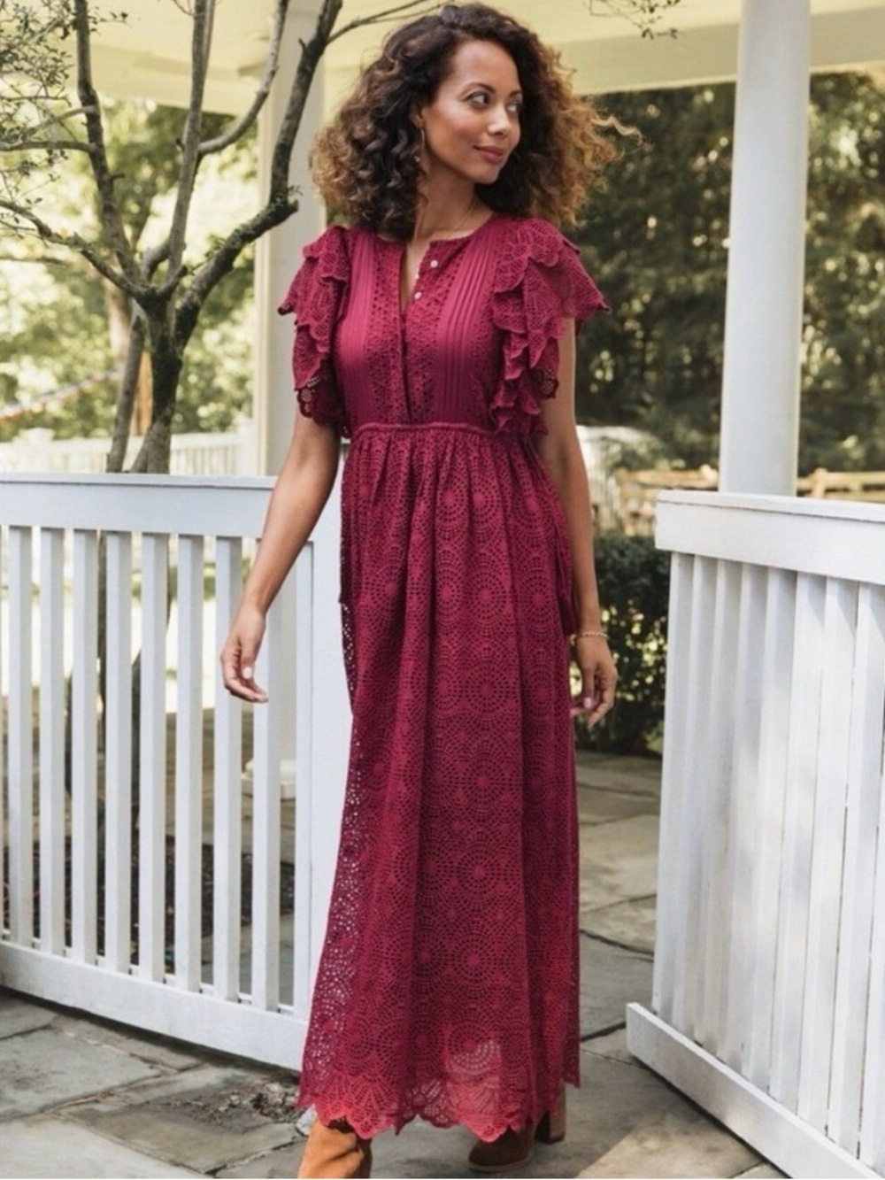 BAYBALA Eyelet Lindsey Maxi Dress Cranberry Cotton Tassel Tue Waist Size M